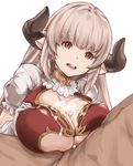  1girl alicia_(granblue_fantasy) breasts cum cum_on_body cum_on_breasts cum_on_upper_body draph granblue_fantasy hetero horns large_breasts long_hair paizuri pointy_ears red_eyes simple_background solo_focus tokoroten white_background white_hair 