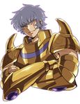  armor cocotiti crossed_arms male_focus one_eye_closed purple_eyes purple_hair saint_seiya saint_seiya_omega scar simple_background solo taurus_harbinger upper_body white_background 