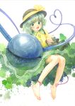  barefoot calligraphy_brush_(medium) feet graphite_(medium) green_eyes green_hair hat hat_ribbon heart heart_of_string komeiji_koishi long_sleeves looking_at_viewer misawa_hiroshi open_mouth ribbon shirt skirt smile solo third_eye touhou traditional_media watercolor_(medium) wide_sleeves 