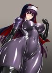  angry bangs blunt_bangs blush bodysuit breasts cameltoe covered_navel covered_nipples elbow_gloves gloves habit impossible_bodysuit impossible_clothes kamori_sayaka large_breasts latex lips long_hair looking_at_viewer nun original purple_eyes purple_hair rindou_(radical_dream) shiny shiny_clothes simple_background skin_tight solo thighhighs thighs 