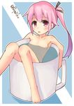  blush breasts commentary_request cup hair_ornament hair_ribbon harusame_(kantai_collection) highres in_container in_cup kantai_collection long_hair looking_at_viewer nude open_mouth partially_submerged pepatiku pink_eyes pink_hair ribbon side_ponytail small_breasts solo 