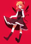  black_legwear black_skirt blonde_hair fang full_body hair_ribbon highres kneehighs lifted_by_self long_sleeves looking_at_viewer open_mouth red_background red_eyes red_ribbon ribbon rumia sh_(562835932) shoes short_hair skirt skirt_lift skirt_set smile solo touhou vest 