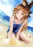  alternate_costume arm_support barefoot beach blue_eyes blue_sky blue_swimsuit breasts brown_hair closed_mouth collarbone competition_school_swimsuit day eyebrows eyebrows_visible_through_hair granblue_fantasy hairband halterneck long_hair looking_at_viewer nannacy7 ocean on_ground one-piece_swimsuit outdoors sand sara_(granblue_fantasy) sitting sketch sky small_breasts smile solo swimsuit yokozuwari 