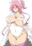  bare_shoulders blush bow breasts cleavage dress gloves hair_bow highleg highres kaname_madoka large_breasts long_hair looking_at_viewer mahou_shoujo_madoka_magica oman_(evld) pink_hair pink_legwear smile solo two_side_up ultimate_madoka white_dress yellow_eyes 