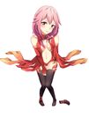  bare_shoulders black_legwear breasts center_opening cleavage commentary_request datew detached_sleeves elbow_gloves fingerless_gloves gloves guilty_crown hair_ornament hairclip highres long_hair looking_at_viewer navel pink_hair red_eyes small_breasts smile solo twintails yuzuriha_inori 