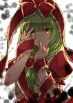  &gt;:) arm_ribbon bangs bow darkness dress finger_to_mouth frilled_ribbon frills front_ponytail green_eyes green_hair hair_bow hair_ribbon hand_over_eye highres kagiyama_hina long_hair pinky_to_mouth puffy_short_sleeves puffy_sleeves red_dress red_ribbon ribbon short_sleeves smile solo sophie_(sophie1925) touhou twitter_username upper_body v-shaped_eyebrows 