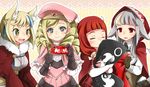  3girls animal_ears bangs beret blonde_hair blue_hair blush closed_eyes commentary_request drill_hair fingerless_gloves fire_emblem fire_emblem_if foleo_(fire_emblem_if) fox_ears fur_trim gloves grey_hair hat hood hoodie kinu_(fire_emblem_if) long_hair mitama_(fire_emblem_if) momosemocha multicolored_hair multiple_girls open_mouth otoko_no_ko red_eyes red_hair tail twintails two-tone_hair velour_(fire_emblem_if) wolf_ears wolf_tail yellow_eyes 