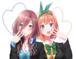  2girls bangs black_jacket blue_cardigan blue_eyes blue_nails blush brown_hair closed_mouth collared_shirt commentary_request dress_shirt go-toubun_no_hanayome green_ribbon hair_between_eyes hands_up headphones headphones_around_neck hinagi08 jacket long_hair looking_at_viewer multiple_girls nail_polish nakano_miku nakano_yotsuba open_mouth orange_hair red_nails ribbon shirt short_hair sweater white_shirt yellow_sweater 