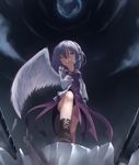  :o black_panties boots brown_footwear dress earth feathered_wings feathers head_tilt highres jacket kishin_sagume kuro_(baseball0000) long_sleeves looking_at_viewer open_clothes open_jacket panties pantyshot pantyshot_(standing) purple_dress red_eyes silver_hair single_wing sky solo standing touhou underwear wings 