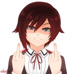  artist_name cslucaris double_middle_finger frown middle_finger red_hair ruby_rose rwby school_uniform shaded_face silver_eyes simple_background solo white_background 