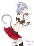  animal_ears character_name final_fantasy final_fantasy_xiv hairband highres looking_at_viewer miqo'te paw_pose purple_eyes red_skirt short_hair silver_hair skirt solo tail take_(s-wab) white_background 