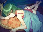  bad_id bad_pixiv_id barefoot green_eyes green_hair hat hat_removed headwear_removed komeiji_koishi lying on_stomach one_eye_closed open_mouth panties pillow red_panties scroll_lock_(scrool5) short_hair signature solo third_eye touhou underwear 