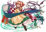  :d apron bell boots bowl checkered checkered_shirt chupacabra clothes_writing commentary_request cross-laced_footwear evil_dragon_(touhou) full_body glasses hair_bell hair_ornament japanese_clothes kimono lace-up_boots looking_at_viewer motoori_kosuzu open_mouth phenne plate red_eyes red_hair scroll shirt short_hair smile solo_focus touhou tsukumogami tupai_(touhou) twintails two_side_up white_background wide_sleeves youkai 
