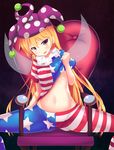  american_flag_dress american_flag_legwear bangs blonde_hair blush breasts chair clownpiece dress dress_lift eila_yagyu fairy_wings frilled_shirt_collar frills groin hat heart highres jester_cap lifted_by_self long_hair looking_at_viewer navel neck_ruff open_mouth orange_eyes pantyhose polka_dot short_sleeves sitting small_breasts solo spread_legs star striped striped_legwear touhou very_long_hair wings 