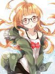  :o ahoge ayu_miko bangs black-framed_eyewear blunt_bangs eyebrows_visible_through_hair glasses green_jacket hood hooded_jacket jacket light_brown_hair long_hair long_sleeves looking_at_viewer open_mouth persona persona_5 red_eyes sakura_futaba shirt solo t-shirt 