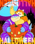  2016 absurd_res anthro blue_fur blush canid canine canis cute_fangs domestic_dog duo english_text eyes_closed fish food fruit fur halloween hi_res holidays humanoid_hands male mammal marine moon night outside overweight overweight_male pumpkin sessa shark sitting teeth text 