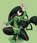  arm_up asui_tsuyu average-hanzo belt black_eyes black_hair blush bodysuit boku_no_hero_academia boots breasts cameltoe covered_navel covered_nipples eyelashes frog_girl full_body gloves green_background green_bodysuit hair_rings long_hair long_tongue looking_to_the_side low-tied_long_hair medium_breasts monster_girl open_mouth simple_background skin_tight solo squatting thigh_boots thighhighs tongue tongue_out 