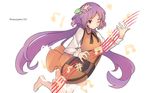  ;) beamed_eighth_notes beamed_sixteenth_notes biwa_lute bow bowtie dress eighth_note flower hair_flower hair_ornament instrument long_hair long_sleeves lute_(instrument) musical_note one_eye_closed purple_eyes purple_hair quarter_note razuzyamu smile solo touhou tsukumo_benben twintails wallpaper 