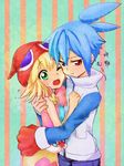  1girl amitie amitie_(puyopuyo) blonde_hair blue_hair hug komeichou-69 puyopuyo sig sig_(puyopuyo) surprised 