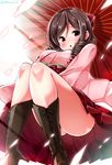  :o artist_name ass bare_legs blush boots bow breasts brown_footwear brown_hair cross-laced_footwear drill_hair eyebrows eyebrows_visible_through_hair hair_bow hakama hakama_skirt harukaze_(kantai_collection) highres japanese_clothes kantai_collection kimono knee_boots knees_up lace-up_boots large_breasts long_sleeves meiji_schoolgirl_uniform no_panties open_mouth parasol petals pleated_skirt red_bow red_eyes red_hakama red_skirt red_umbrella sash sidelocks skirt solo twin_drills umbrella upskirt wide_sleeves yuuki_hb 