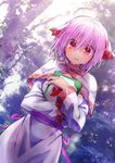  ahoge blush book cowboy_shot cyclamen_(flower_knight_girl) flower_knight_girl looking_at_viewer open_mouth pink_hair red_eyes robe shinogi_(shinogi_wgrm) short_hair solo sweat 