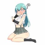  @_@ alternate_costume alternate_eye_color aqua_hair arm_warmers asashio_(kantai_collection) asashio_(kantai_collection)_(cosplay) black_legwear blue_eyes blush breasts buttons cosplay full-face_blush hair_ornament hairclip kantai_collection kneehighs large_breasts long_hair navel open_mouth pleated_skirt school_uniform shirt short_sleeves simple_background sitting skirt solo suspenders suzuya_(kantai_collection) tun undersized_clothes wariza white_background white_shirt 