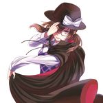  bangs black_cape black_ribbon bolo_tie bow brown_hair cape closed_mouth collared_shirt glasses hand_on_headwear hat hat_bow holding kyuu_umi long_hair long_sleeves looking_at_viewer low_twintails one_eye_covered plaid red-framed_eyewear red_eyes ribbon semi-rimless_eyewear shade shirt smile solo touhou twintails under-rim_eyewear upper_body usami_sumireko white_background white_bow white_shirt 