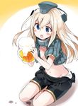  :o beer_mug bike_shorts blonde_hair blue_eyes cropped_jacket cup from_above garrison_cap hat highres holding holding_cup kantai_collection long_hair military military_uniform miniskirt navel no_bra open_clothes open_mouth skirt solo suka u-511_(kantai_collection) uniform 