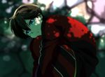  bangs black_hair blue_eyes blurry brown_hair closed_mouth dappled_sunlight depth_of_field earrings from_side hair_between_eyes horikawa_kunihiro jacket jewelry long_sleeves looking_at_viewer male_focus mesushirindaa pants red_jacket red_pants shade smile solo squatting sunlight touken_ranbu track_jacket track_pants track_suit 