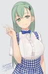  2016 blue_bow blue_neckwear blush bow bowtie breasts buttons checkered checkered_dress closed_mouth dated dress green_eyes green_hair grey_background hair_ornament hairclip hand_gesture head_tilt kantai_collection koubeya_uniform large_breasts long_hair plaid rokuwata_tomoe signature simple_background smile solo suzuya_(kantai_collection) underbust v 