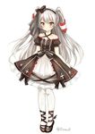  adapted_costume amatsukaze_(kantai_collection) bangs bare_shoulders black_footwear blush brown_eyes collarbone dress full_body hair_tubes hat kantai_collection long_hair mini_hat nikoo shoes short_dress silver_hair simple_background solo standing twitter_username two_side_up white_background white_legwear 