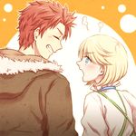  1girl akagi_toma back bad_id bad_pixiv_id blonde_hair blue_eyes blush closed_eyes earrings fur_trim gen'ei_ibunroku_sharp_fe jewelry lowres open_mouth red_hair teeth tomi_(gu_souge) yumizuru_eleanora 