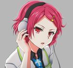  bad_id bad_pixiv_id blue_neckwear grey_background hair_ornament headphones looking_at_viewer minase_koito moru_(00hal) musaigen_no_phantom_world necktie open_mouth red_eyes red_hair short_hair simple_background solo 