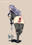  anal anal_object_insertion artist_name ass axe bent_over blue_eyes blue_hair blush bottomless breasts camilla_(fire_emblem_if) censored double_penetration feet fire_emblem fire_emblem_if freckles from_behind hair_over_one_eye hairband long_hair looking_at_viewer looking_back masturbation navel nipples purple_hair side_boob simple_background sinner!_(sillygirl) solo thigh_boots vaginal vaginal_object_insertion weapon web_address 