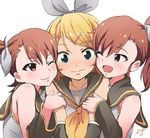  ;d arm_holding blonde_hair blue_eyes blush brown_hair cosplay detached_sleeves futami_ami futami_mami girl_sandwich group_hug hug idolmaster idolmaster_(classic) kagamine_rin kagamine_rin_(cosplay) long_hair multiple_girls one_eye_closed open_mouth ribbon sandwiched seiyuu_connection shift_(waage) shimoda_asami short_hair siblings side_ponytail sisters smile twins vocaloid wavy_mouth 
