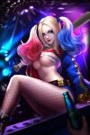  1girl baseball_bat batman_(series) blonde_hair blue_eyes blue_hair breasts dc_comics dip-dyed_hair fishnet_pantyhose fishnets harley_quinn jacket lipstick long_hair makeup multicolored_hair pantyhose short_shorts shorts solo suicide_squad tied_hair twintails underboob 