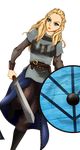  belt blonde_hair blue_eyes dutch_angle eyebrows gloria_jaurequi highres holding holding_shield holding_sword holding_weapon lagertha lips long_hair shield solo sword vikings_(history) weapon 