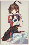  bandaged_leg bandages black_gloves brown_eyes brown_hair gloves highres koutetsujou_no_kabaneri mumei_(kabaneri) saimon_ma sitting solo 