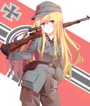  :t belt blonde_hair blue_eyes blush bolt_action cowboy_shot deviantart_sample explosive flag_background gloves grenade gun hand_in_pocket highres image_sample iron_cross mauser_98 nazi_war_ensign original pout rifle shiguru sniper_rifle solo stielhandgranate swastika weapon world_war_ii 