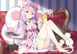  adapted_costume animal_hat ass bangs bare_legs barefoot bell bespectacled black_cat book bow breasts capelet cat cat_tail cleavage couch crescent cup dress full_body glasses hair_bow hair_ribbon hat holding holding_book holding_cup jingle_bell kemonomimi_mode knees_up lavender_hair leg_garter legs long_hair long_legs looking_at_viewer medium_breasts mob_cap mug on_couch open_book patchouli_knowledge paw_print pillow purple_eyes red_bow ribbon rie_(reverie) short_dress single_wrist_cuff sitting solo striped striped_dress tail toes touhou tress_ribbon vertical-striped_dress vertical_stripes white_cat 
