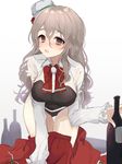  all_fours ascot ass_visible_through_thighs bottle breasts brown_eyes furumachi_kyuu grey_hair highres kantai_collection large_breasts long_hair panties pola_(kantai_collection) skirt skirt_removed solo underwear wavy_hair 