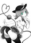  ass green_eyes greyscale hat hat_ribbon heart heart-shaped_pupils heart_of_string highres komeiji_koishi looking_at_viewer monochrome pointing pointing_at_self raptor7 ribbon shirt skirt sleeveless sleeveless_shirt solo spot_color symbol-shaped_pupils thighhighs third_eye touhou 