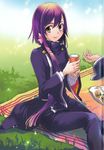  1girl almond_eyes cup field grass long_hair outdoors picnic purple_hair scan school_uniform sitting smile snack tokyo_ravens tsuchimikado_natsume 