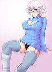  breasts cleavage cleavage_cutout glasses green_eyes ittla large_breasts legs lingerie looking_at_viewer open-chest_sweater panties short_hair sitting solo sweater thick_thighs thighhighs underwear white_hair wide_hips zettai_ryouiki 