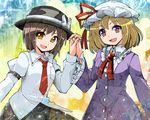  blonde_hair brooch brown_eyes brown_hair cowboy_shot dress hat hat_ribbon holding_hands interlocked_fingers jewelry juliet_sleeves long_sleeves looking_at_viewer maribel_hearn mob_cap multiple_girls necktie open_mouth puffy_sleeves purple_dress purple_eyes ribbon shirt skirt smile touhou umigarasu_(kitsune1963) usami_renko wide_sleeves 