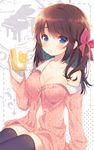  :o black_legwear blue_eyes blush brown_hair collarbone cup hair_ribbon holding long_hair looking_at_viewer mug no_bra no_pants off_shoulder original pajamas polka_dot ribbon sitting solo thighhighs unbuttoned yamcha_(cocololi) 