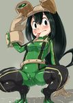  4shi :&gt; arm_support ass ass_visible_through_thighs asui_tsuyu belt black_eyes black_hair blush bodysuit boku_no_hero_academia boots breasts cameltoe eyelashes frog_girl gloves goggles goggles_on_head green_bodysuit grey_background hair_rings highres long_hair looking_at_viewer low-tied_long_hair monster_girl shiny shiny_clothes simple_background sketch skin_tight small_breasts solo spread_legs squatting thigh_boots thighhighs tongue tongue_out wet 