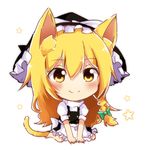  animal_ears apron barefoot blonde_hair blush braid cat_ears cat_tail chibi full_body hat kemonomimi_mode kirisame_marisa side_braid simple_background sitting smile solo star starry_background tail tosura-ayato touhou wariza white_background witch_hat yellow_eyes 