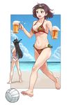  alcohol ball beach beer beer_mug bikini black_hair brown_eyes brown_hair chiyoda_(kantai_collection) cup gufu_(guffuumu) headband holding holding_cup kantai_collection multiple_girls nagato_(kantai_collection) short_hair swimsuit volleyball 