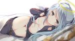  black_eyes blue_hair blurry bra breasts collarbone depth_of_field fake_halo highres jitto_mitsumeru_kimi_wa_datenshi kojiki-life long_hair looking_at_viewer lying navel on_bed on_side open_clothes panties pants_pull scan sleeves_past_wrists small_breasts solo thigh_gap underwear white_bra white_panties white_wings wings 